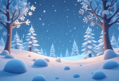 The primary subject of the image is a snowy landscape with a blue sky. The setting is a snow-covered hillside with trees in the background. The visual style is digital art, and the colors and mood are predominantly blue and white, creating a serene and peaceful atmosphere.
